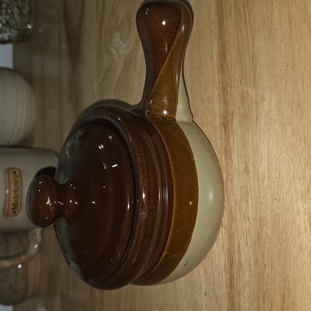 Antique Brown and Cream Ceramic Soup Bowl with Handle - Picture 2 of 9